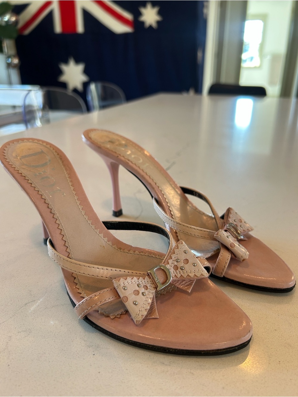 Dior Pink Bow Logo Leather Mule Heels